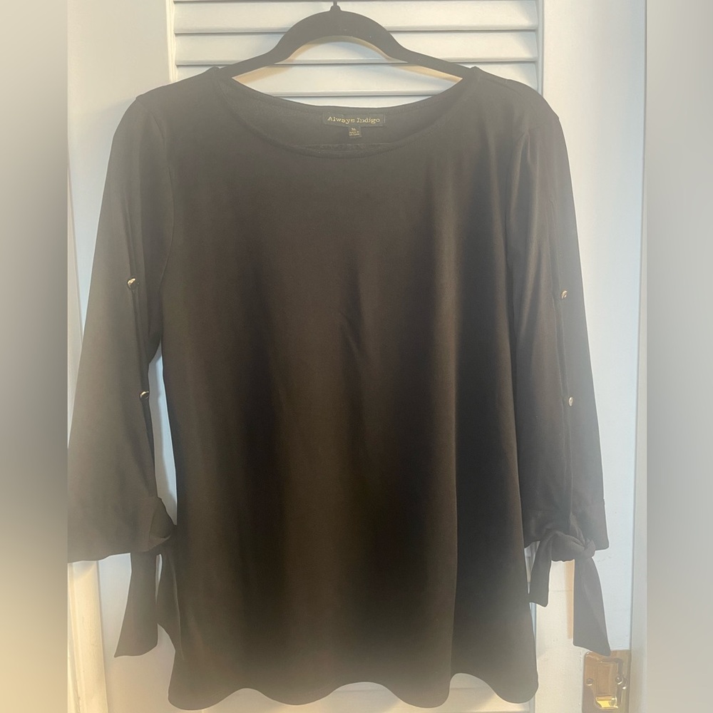 Always Indigo XL Blouse 3/4 Open Sleeves Intermittent Stud Closures & Cuff Tie